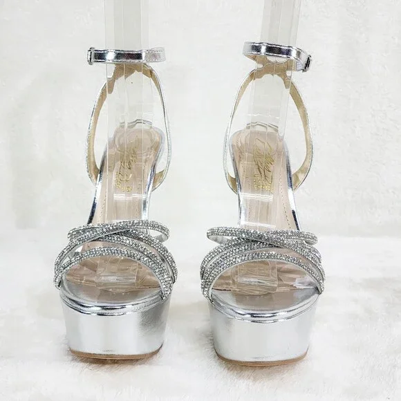 NIB City Nites Silver Platform 6" High Heels Ankle Wrap Shoes Sparkling Rhinest - Picture 5 of 10